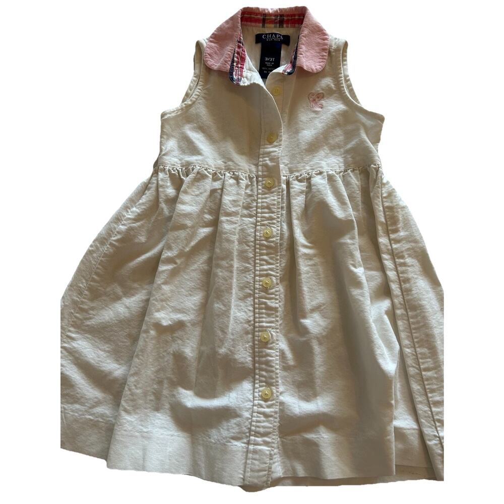 Chaps Girls 3/3T White‎ Cotton Pink Peter Pan Collar Dress Monogram “C” A-line